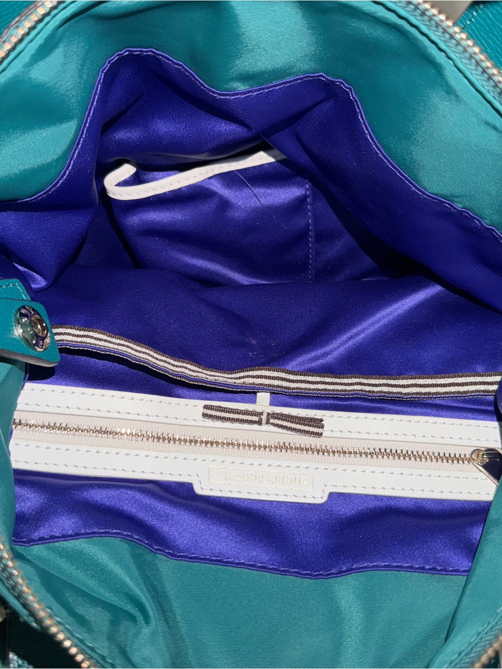 Henri Bendel New York Teal Jetsetter Hand Bag/Satchel/Backpack Purple Lining - Picture 4 of 11